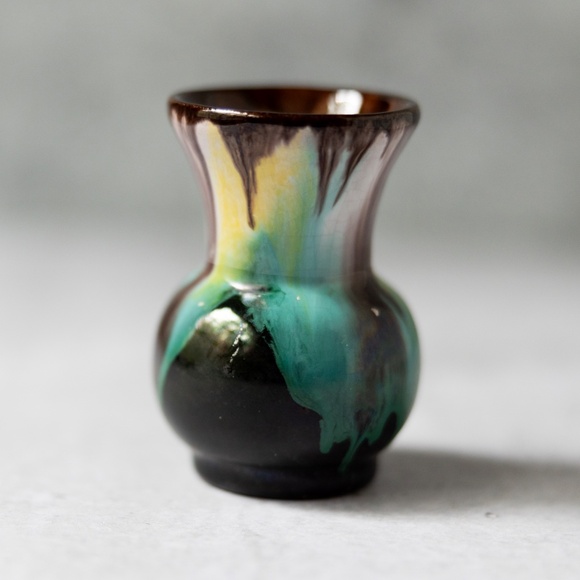 Miniature vintage pottery mini vase drip glaze green yellow brown Mexico? 3" - Picture 3 of 7